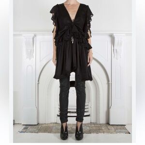 New IXIAH Sydney Pronotion Black Satin Ruffle Eyelet V Neck Mini Dress Size 6